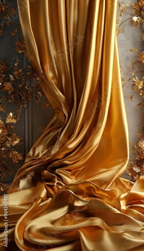 a flowing golden curtain draped over a dark background, with a floral pattern on the left side.