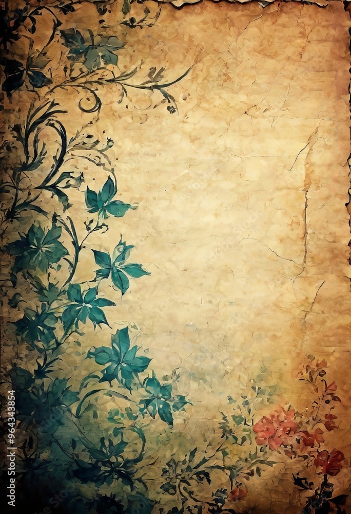 textured, aged paper background with a floral pattern in shades of green and red, creating a vintage and artistic aesthetic. textured, aged paper background with a floral pattern in shades of green and red, creating a vintage and artistic aesthetic.