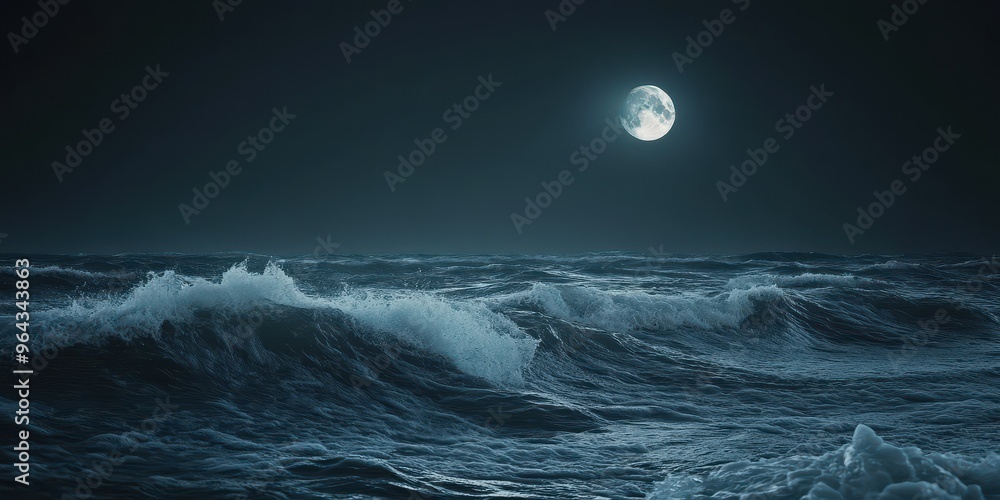 A serene night ocean scene under a glowing full moon, with gentle waves reflecting soft moonlight. A serene night ocean scene under a glowing full moon, with gentle waves reflecting soft moonlight.