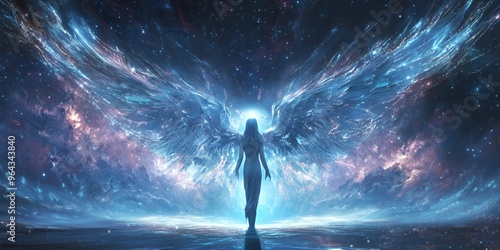 A celestial being with glowing wings stands on a luminous ocean, under a starry sky. photo