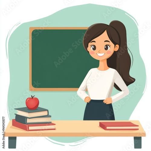 Cheerful Cartoon Teacher in Classroom