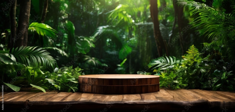 A wooden platform sits on a wooden deck in a lush, tropical jungle, surrounded by a variety of green foliage and towering trees. A wooden platform sits on a wooden deck in a lush, tropical jungle, surrounded by a variety of green foliage and towering trees.