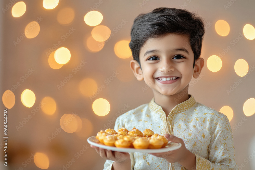 happy indian boy holding sweet plate on lighting background happy indian boy holding sweet plate on lighting background