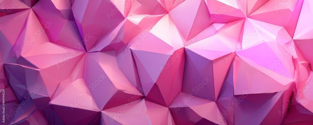a close-up view of a 3D-rendered abstract pattern composed of numerous triangular shapes in various shades of pink and purple. a close-up view of a 3D-rendered abstract pattern composed of numerous triangular shapes in various shades of pink and purple.