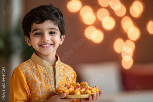 happy indian boy holding sweet plate on lighting background photo