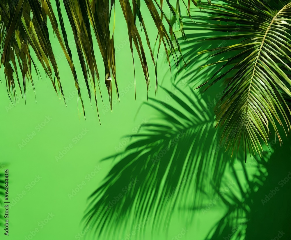 a close-up view of a green wall with palm leaves casting shadows on it. a close-up view of a green wall with palm leaves casting shadows on it.
