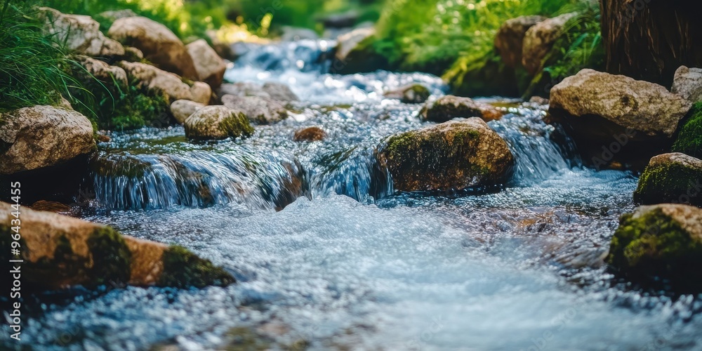 A serene stream flows over smooth stones, surrounded by lush greenery, creating a peaceful and refreshing natural scene. A serene stream flows over smooth stones, surrounded by lush greenery, creating a peaceful and refreshing natural scene.