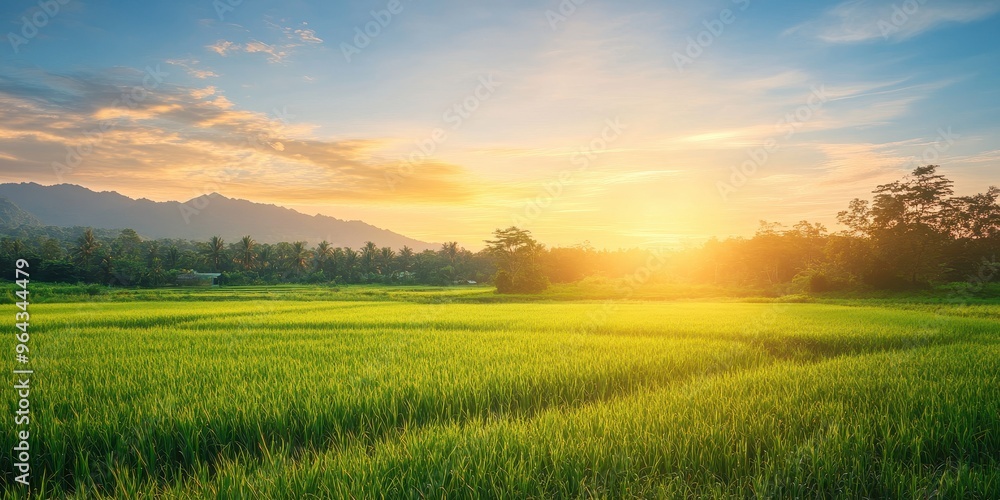 A serene sunrise over lush green rice fields, showcasing nature's beauty and tranquility in a picturesque landscape. A serene sunrise over lush green rice fields, showcasing nature's beauty and tranquility in a picturesque landscape.
