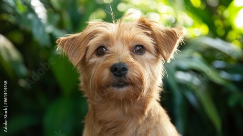 A close-up of a small dog with a curious expression in a lush green setting.