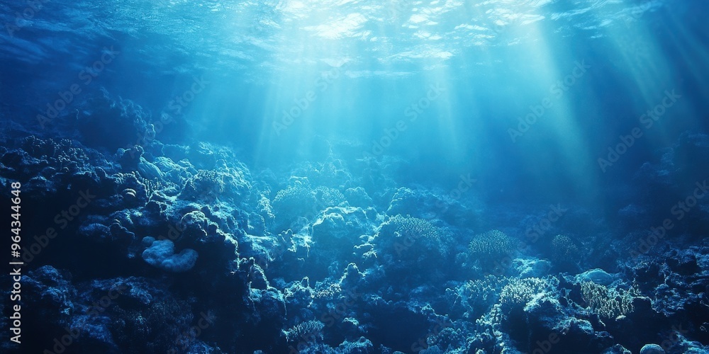 A serene underwater scene showcasing vibrant coral formations illuminated by sun rays filtering through the water surface. A serene underwater scene showcasing vibrant coral formations illuminated by sun rays filtering through the water surface.
