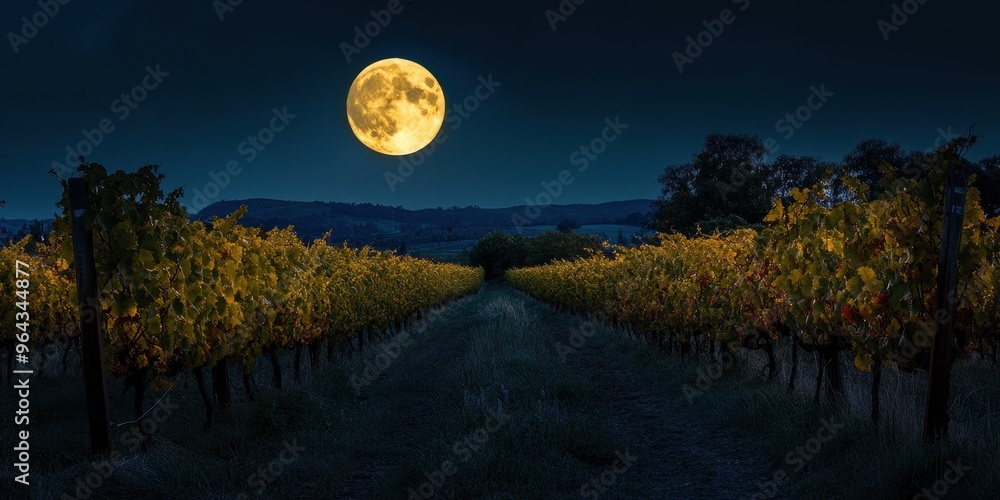 A serene vineyard under a full moon, showcasing rows of vines illuminated by moonlight in a tranquil night setting. A serene vineyard under a full moon, showcasing rows of vines illuminated by moonlight in a tranquil night setting.