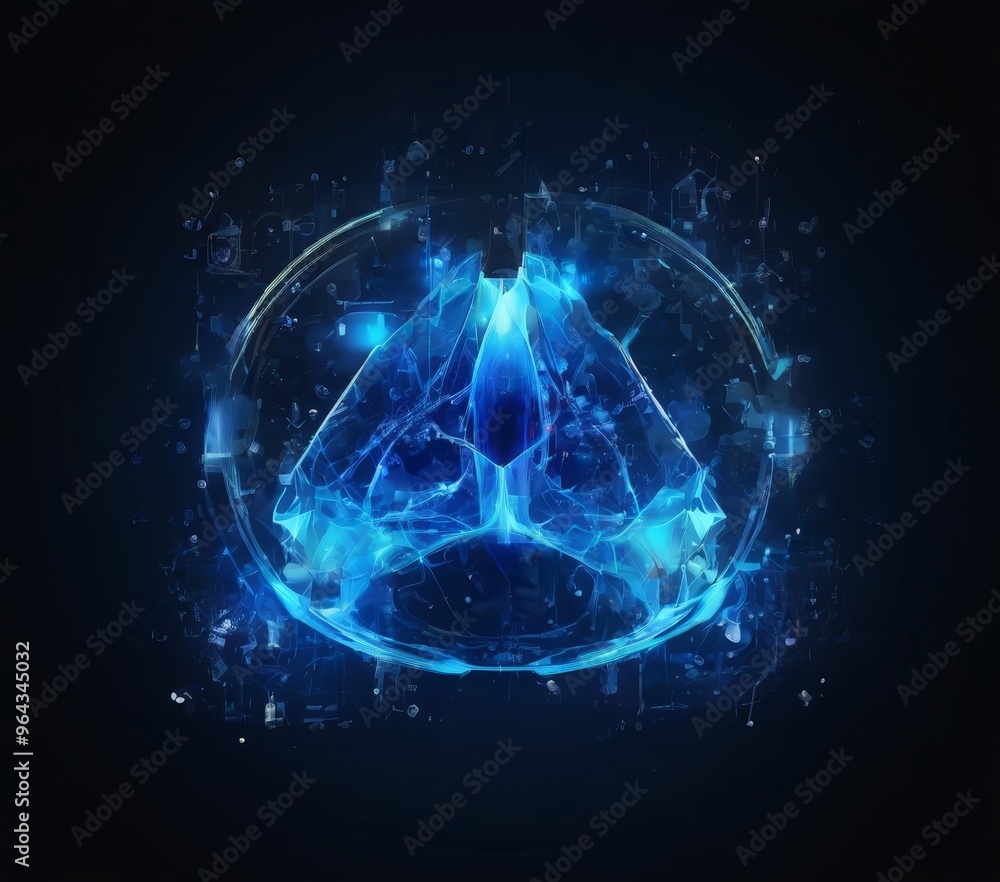 Fototapeta premium digital illustration of a blue, triangular-shaped object surrounded by a glowing, abstract pattern of blue and white lights against a dark background.