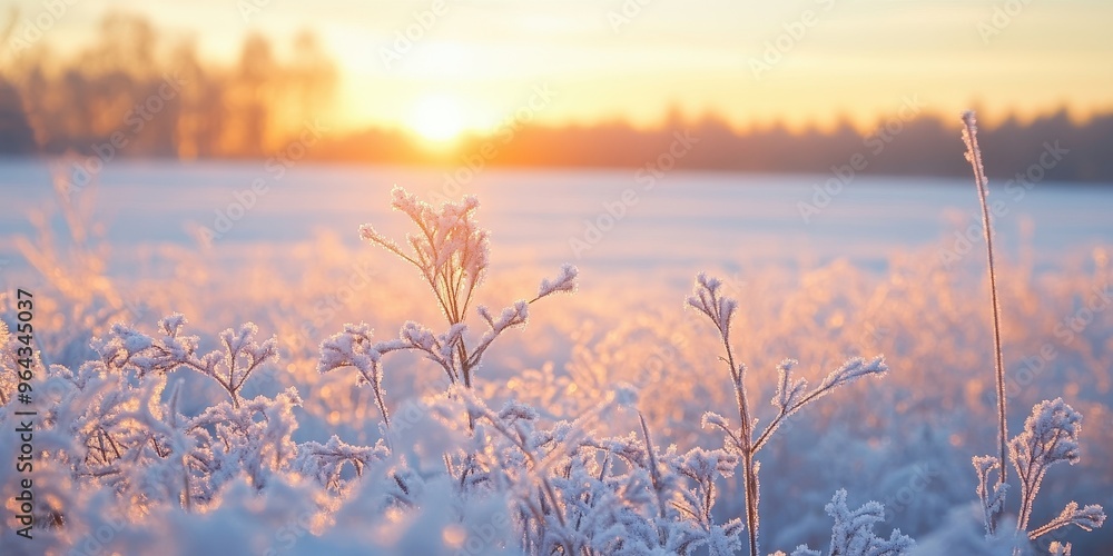 A serene winter landscape featuring frosted grass and a glowing sunrise, capturing the beauty of nature in cold weather.