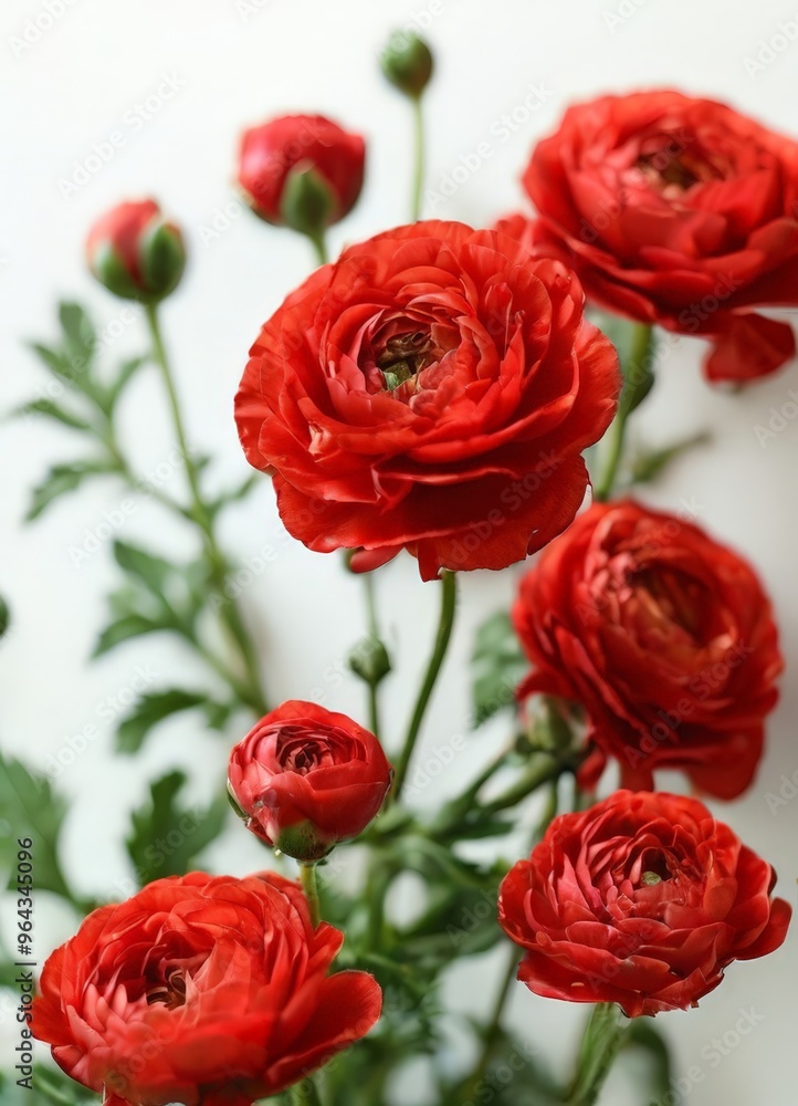 A bouquet of vibrant red roses with green stems and leaves, arranged against a white background. A bouquet of vibrant red roses with green stems and leaves, arranged against a white background.