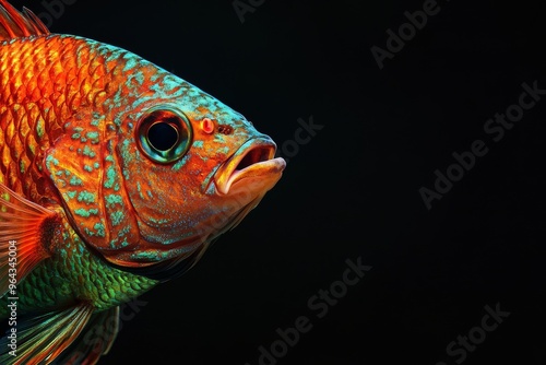 Mystic portrait of Giant Gourami fish in studio, copy space on right side, Anger, Menacing, Headshot, Close-up View, isolated on black background