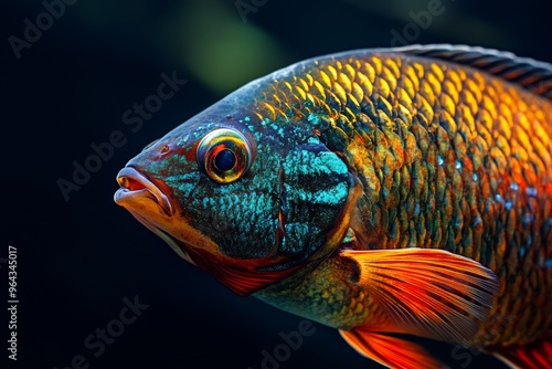 Mystic portrait of Giant Gourami fish in studio, copy space on right side, Anger, Menacing, Headshot, Close-up View, isolated on black background