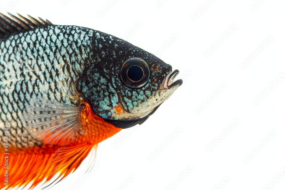 Mystic portrait of Siamese Gourami fish in studio, copy space on right side, Anger, Menacing, Headshot, Close-up View, isolated on white background Mystic portrait of Siamese Gourami fish in studio, copy space on right side, Anger, Menacing, Headshot, Close-up View, isolated on white background