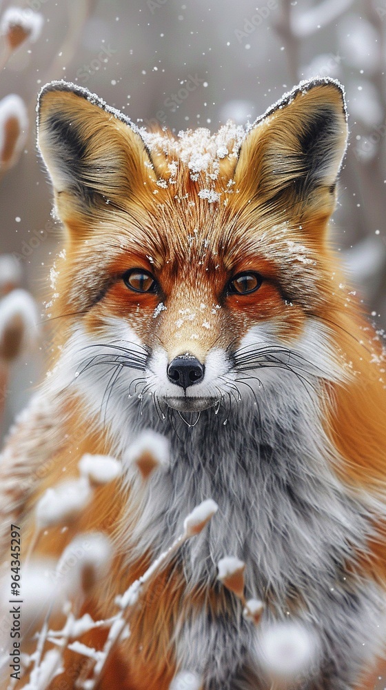 Fototapeta premium A fox is standing in the snow with its head up and looking at the camera