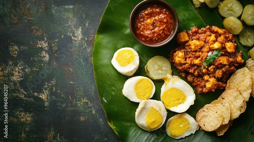 Sri Lankan breakfast with kiribath, sambol, and curry on a banana leaf. Copy space available. photo