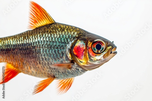 Mystic portrait of Hampala Barb fish in studio, copy space on right side, Anger, Menacing, Headshot, Close-up View, isolated on white background