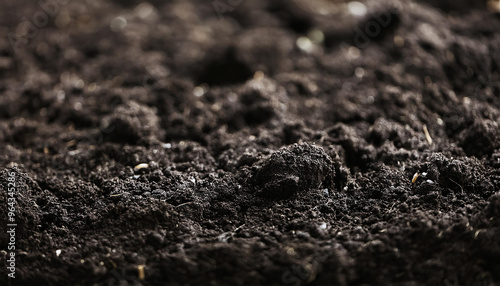 Detailed close-up shot of nutrient-rich black soil. Fine granules, earthy richness