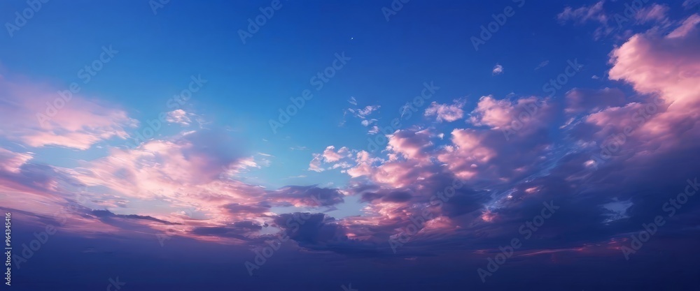 A breathtaking view of a sky filled with vibrant pink and blue clouds, with a crescent moon visible in the top left corner. A breathtaking view of a sky filled with vibrant pink and blue clouds, with a crescent moon visible in the top left corner.