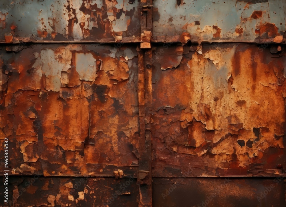 a close-up view of a weathered metal surface with a textured, rusted appearance. The surface is composed of vertical and horizontal lines, and the color palette is dominated by a close-up view of a weathered metal surface with a textured, rusted appearance. The surface is composed of vertical and horizontal lines, and the color palette is dominated by