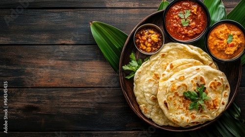 Sri Lankan coconut roti with sambol and lunu miris on a wooden table. Top view with copy space. photo