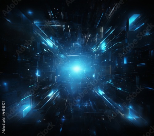 futuristic, sci-fi-inspired scene with a glowing blue light at the center, surrounded by a network of glowing lines and shapes, creating a sense of depth and dimensionality.