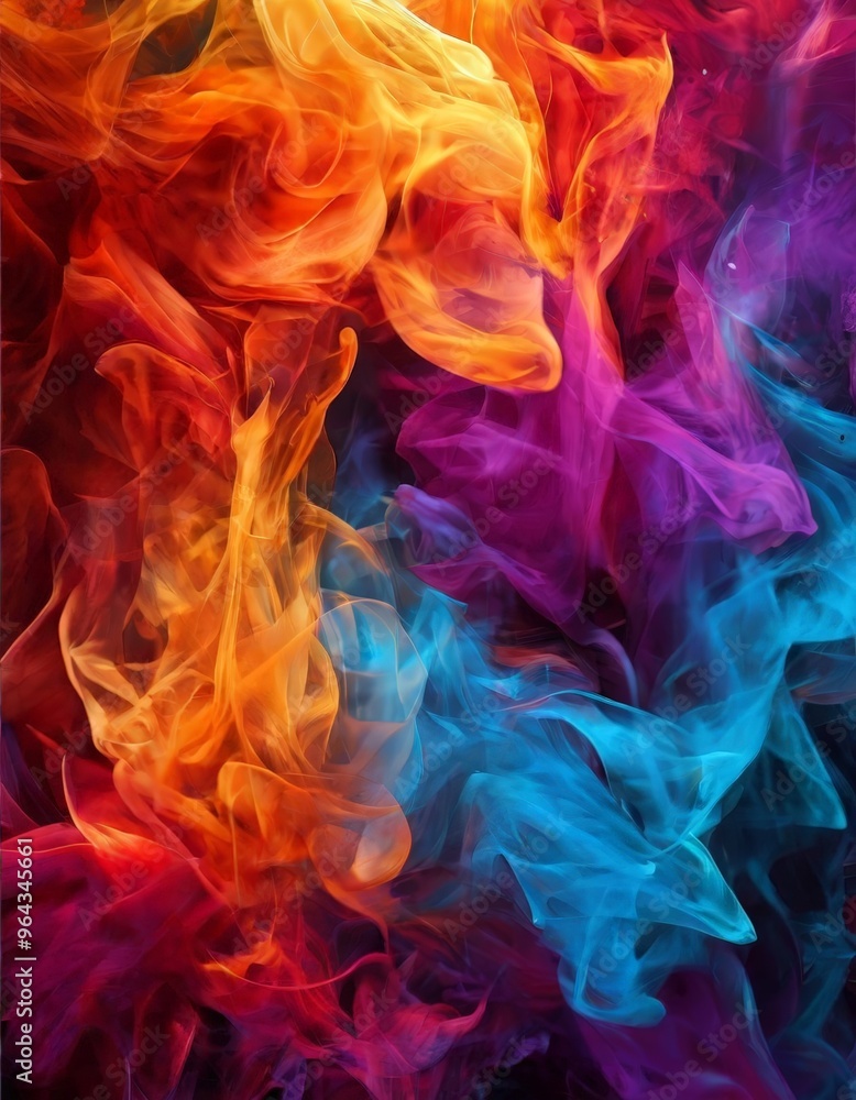 Fototapeta premium vibrant abstract composition of swirling, multicolored smoke or vapor, with hues of orange, red, blue, and purple creating a dynamic and visually striking effect.