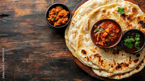 Sri Lankan coconut roti with sambol and lunu miris on a wooden table. Top view with copy space. photo