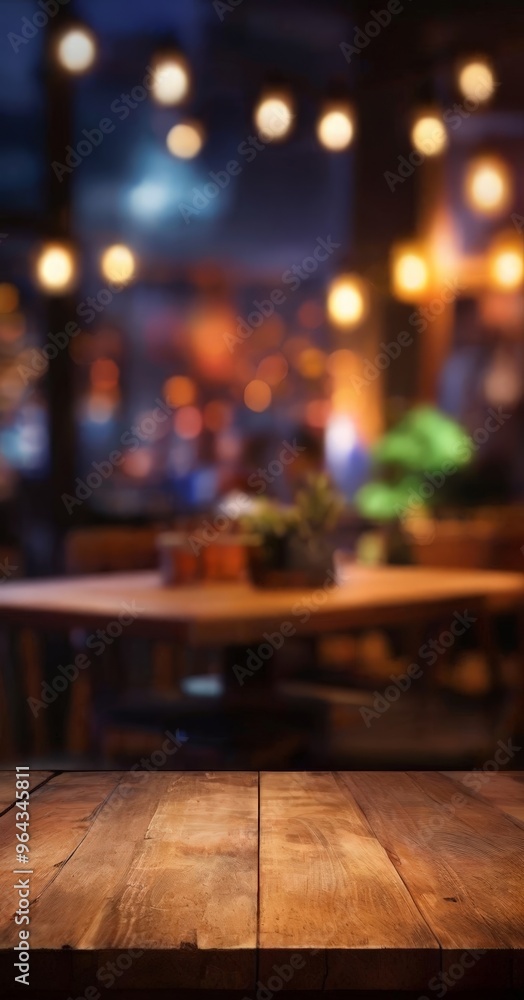 A wooden table in the foreground with a blurred background of a restaurant or bar setting, featuring string lights and a green plant. A wooden table in the foreground with a blurred background of a restaurant or bar setting, featuring string lights and a green plant.