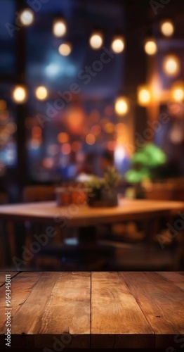 A wooden table in the foreground with a blurred background of a restaurant or bar setting, featuring string lights and a green plant.