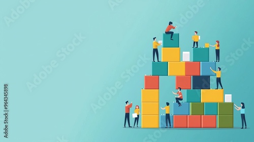 Business Team building  goals  activities Creative teamwork, building blocks collaboration, flat design illustration