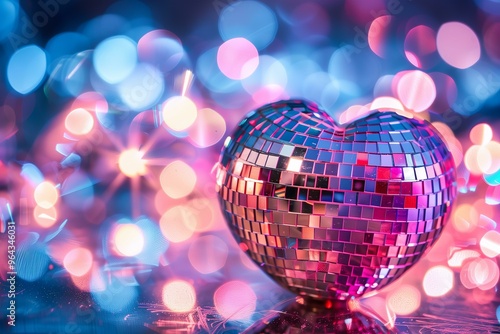 disco ball heart on a pink bokeh background for Valentine's day