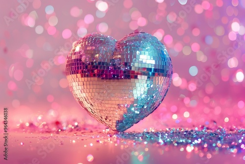 disco ball heart on a pink bokeh background for Valentine's day