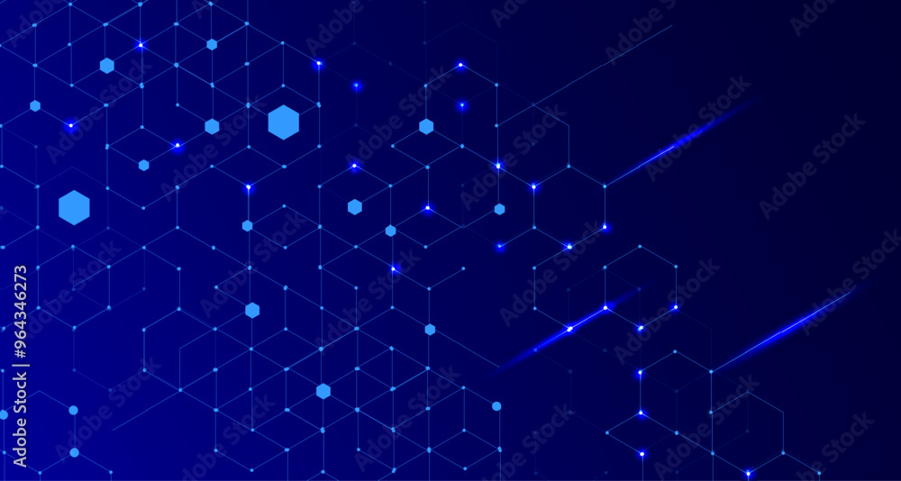 Glowing blue hexagon background with shiny connected hexagons and dots Glowing blue hexagon background with shiny connected hexagons and dots