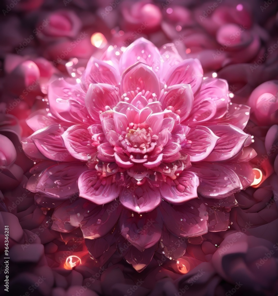 A close-up of a pink lotus flower with water droplets on its petals, surrounded by a blurred background of pink flowers and lights. A close-up of a pink lotus flower with water droplets on its petals, surrounded by a blurred background of pink flowers and lights.