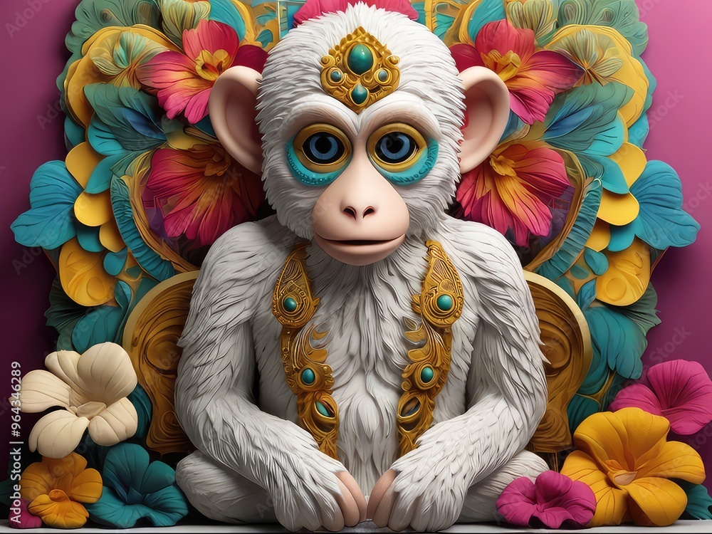 Obraz premium A cute 3D render of a happy Monkey face surrounded by colorful yarn balls and flower,a skull monkey by flowers,A monkey face is drawn , with a flowery design surrounding it