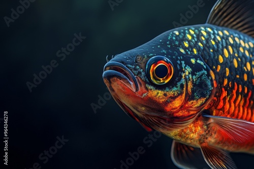 Mystic portrait of Spotted Barb fish in studio, copy space on right side, Anger, Menacing, Headshot, Close-up View, isolated on black background