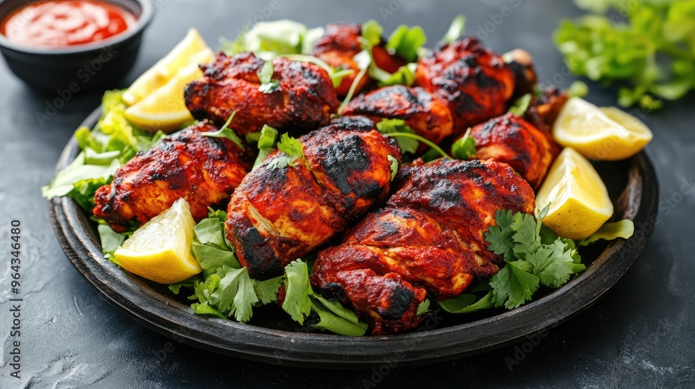 Tandoori Chicken with salad and lemon wedges, served on a platter. Copy space available. Tandoori Chicken with salad and lemon wedges, served on a platter. Copy space available.
