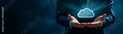 Tech Industry Businessman Presenting Cloud Computing Services in High-Quality Image with Copy Space