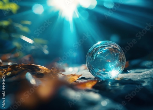 A transparent glass sphere rests on a rock, surrounded by fallen leaves and sunlight rays, creating a serene and tranquil atmosphere.