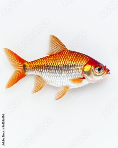 the Red Fin Barb fish, portrait view, white copy space on right, Isolated on white Background