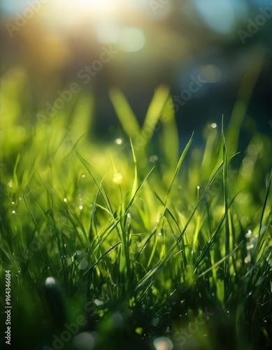 Fototapeta Naklejka Na Ścianę i Meble -  A close-up view of lush green grass with water droplets, bathed in sunlight, creating a serene and tranquil atmosphere.