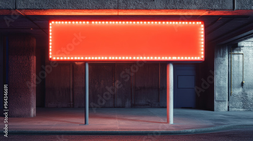 Empty illuminated signboard with glowing red lights, set in an urban environment at night, ideal for advertising or promotional use. photo