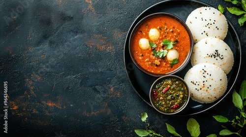 Top view of a traditional South Indian breakfast with idli, sambar, and chutney. Copy space available.