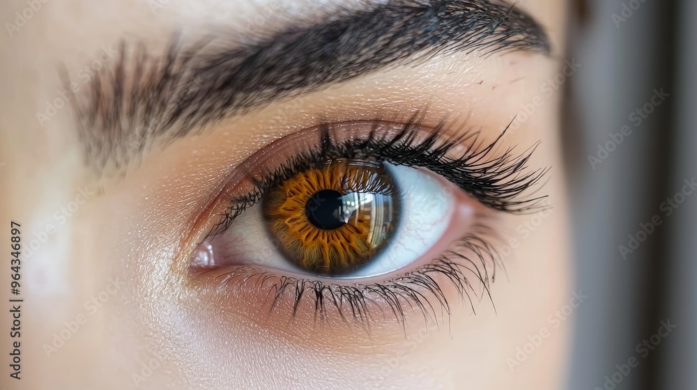 Obraz premium Close-up of a person’s beautiful amber eye showcasing intricate details and natural eyelashes in a well-lit setting