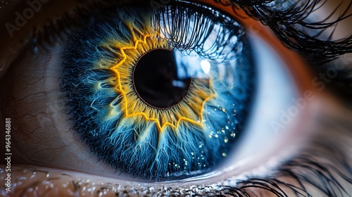 Close-up of a striking blue eye displaying vibrant yellow patterns in the iris, showcasing intricate details and textures during daylight