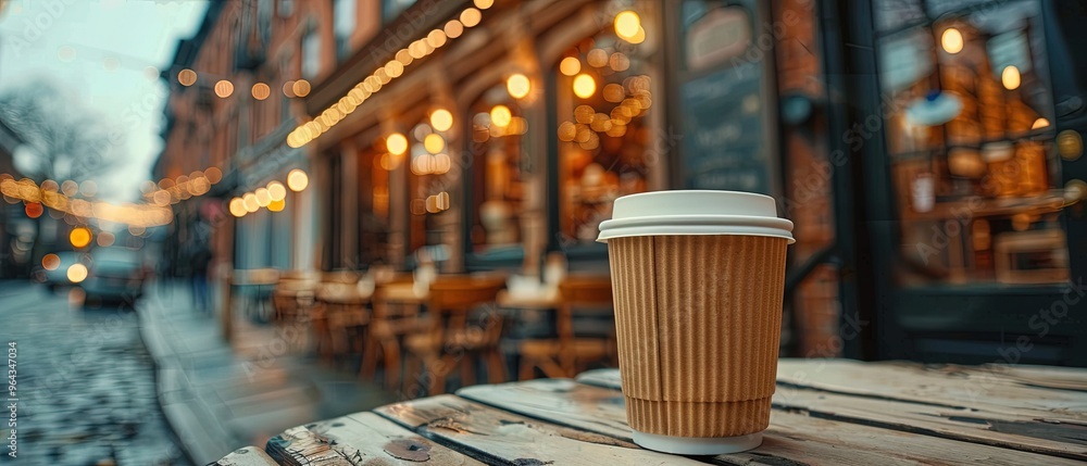 A cup of coffee sits on a table outside a cafe